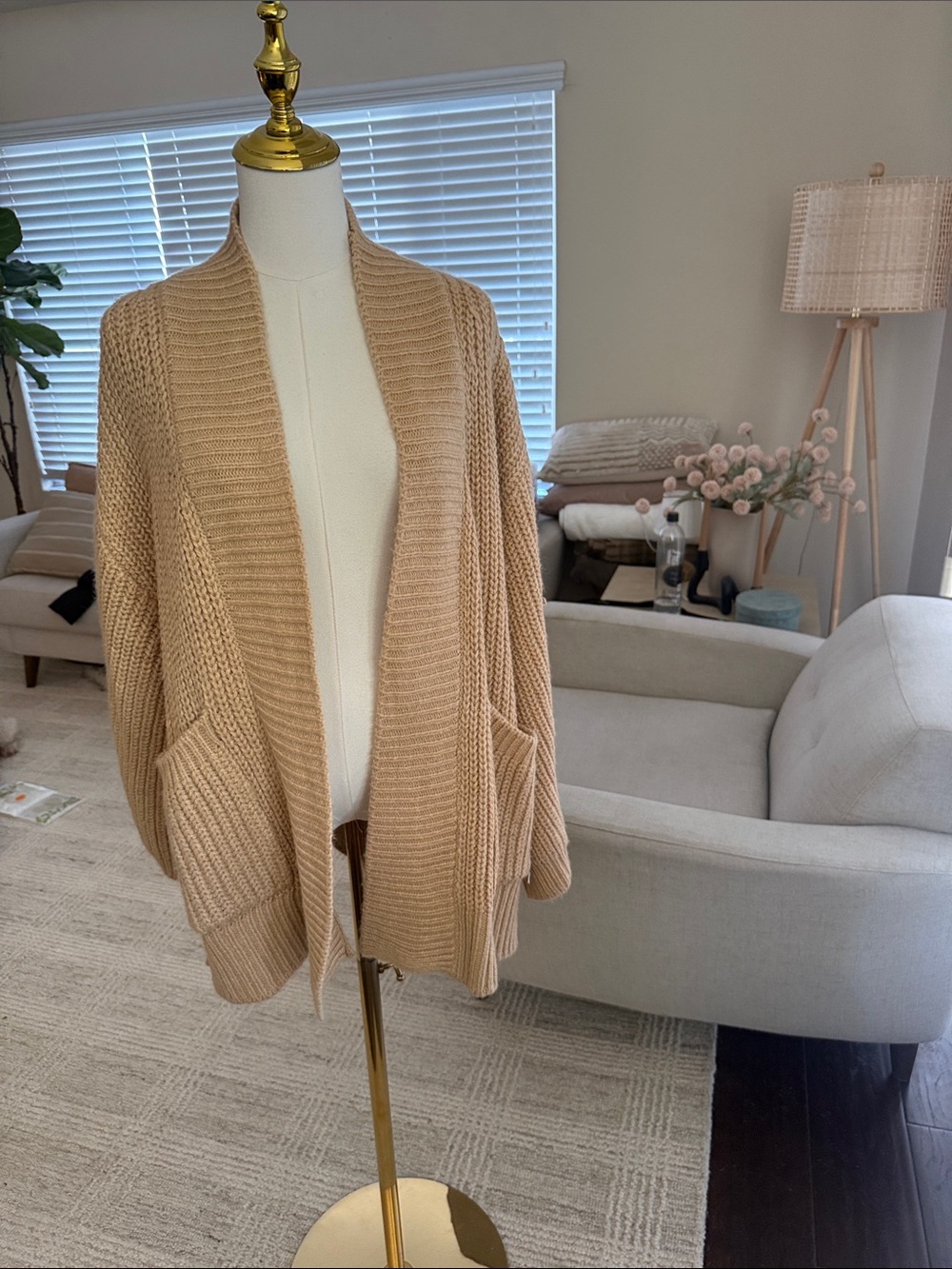 Zara Open-Front Chunky Knit Cardigan in Camel